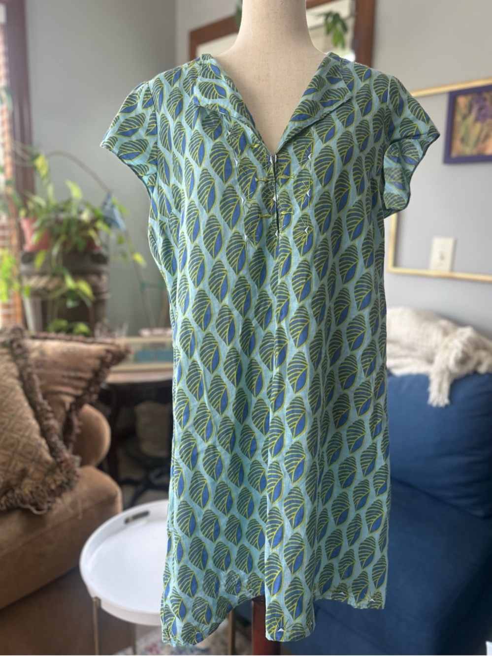🍃 Hiho Tortola BVI Green & Blue Leaf Print Short Sleeve Linen Dress. 👗 Large. ☀️